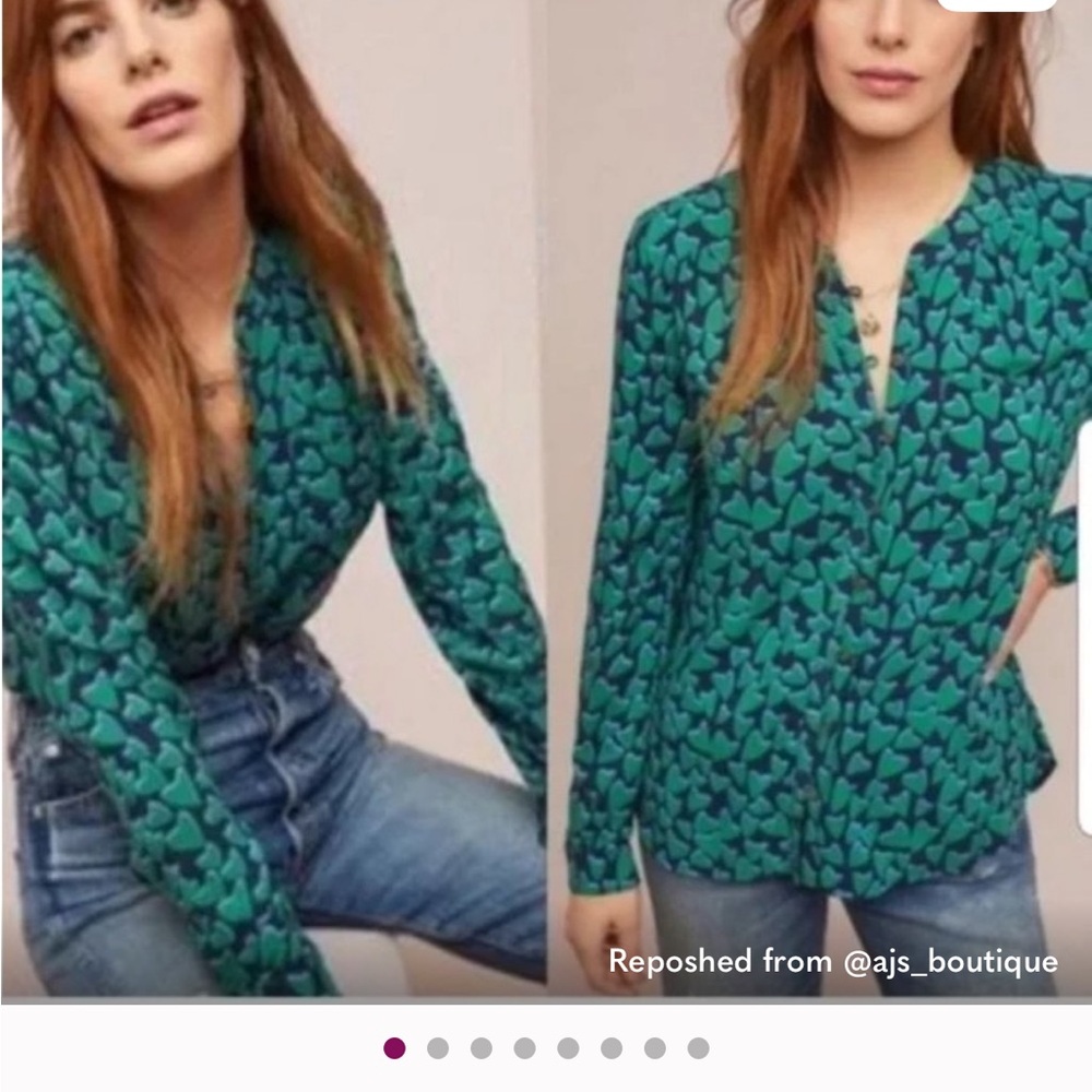 Anthropologie Teal and Black Patterned Blouse